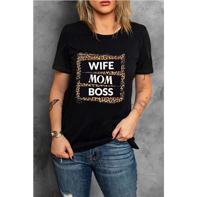 Black WIFE MOM BOSS Print Crew Neck T Shirt