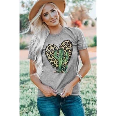Gray Cactus Leopard Heart Print Short Sleeve Graphic Tee